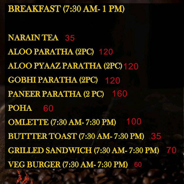 Narain's Tea menu 