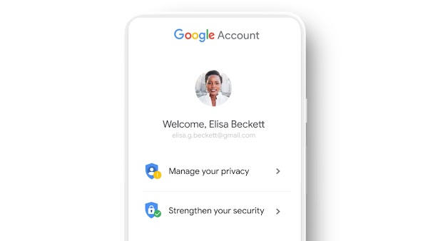 Google Account interface, featuring a woman's profile picture, email and options to manage the account's privacy and security