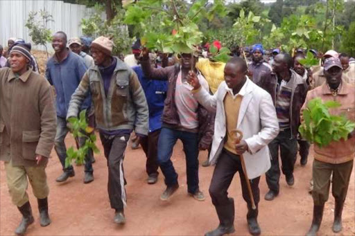 JOBS PLEASE : Residents demonstrate at the Muruny- Siyoi Dam construction site in Pokot South yesterday.