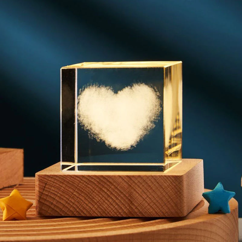 Lampe de chevet cube cristal 3D transparent, décoration chambre. Idéal pour cadeaux enfants, fêtes, anniversaires, éclairage décoratif.
