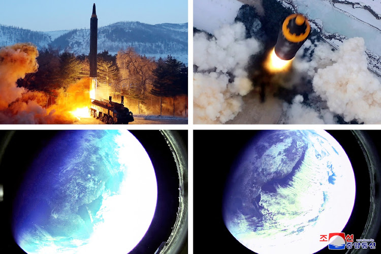 A combination image shows what appears to be a Hwasong-12 "intermediate and long-range ballistic missile" test, that state media KCNA says was carried out on Sunday, along with pictures reportedly taken from outer space with a camera at the warhead of the missile, in this image released on January 31, 2022.