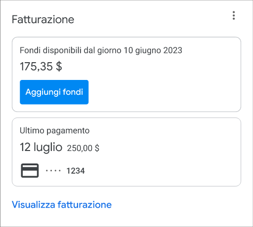 Illustrazione della scheda Panoramica della fatturazione per i clienti con pagamenti manuali nell'app mobile Google Ads.