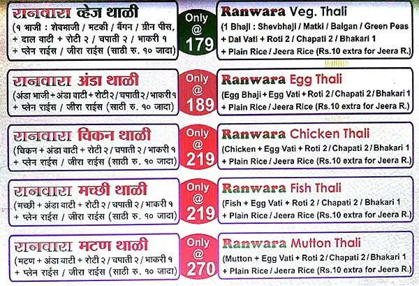 Hotel Ranwara menu 