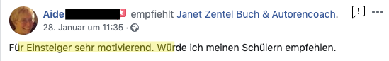 Empfehlung Janet Zentel Autoren Coach 2020