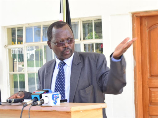 west pokot governor John Lonyangapuo addressing media this morning outside his office in Kapenguria