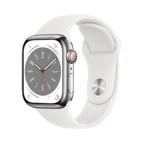 Đồng hồ thông minh/ Apple Watch Series 8 GPS + Cellular 41mm Silver Stainless Steel Case with White Sport Band - Regular MNJ53VN/A