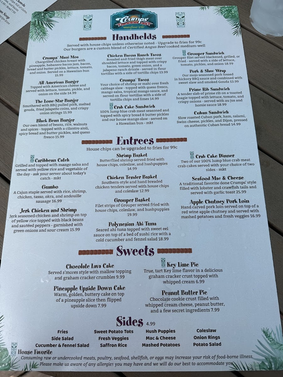 Crump's Landing gluten-free menu