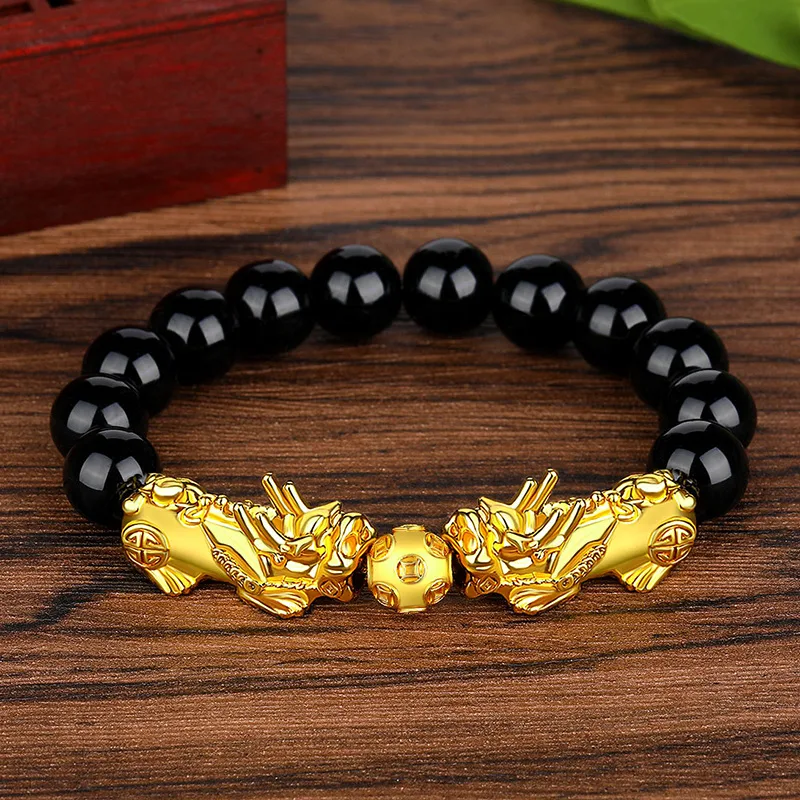 Lucky armband met oude zilveren obsidiaan kralen voor bescherming en geluk, een amulet voor voorspoed, spirituele sieraden.