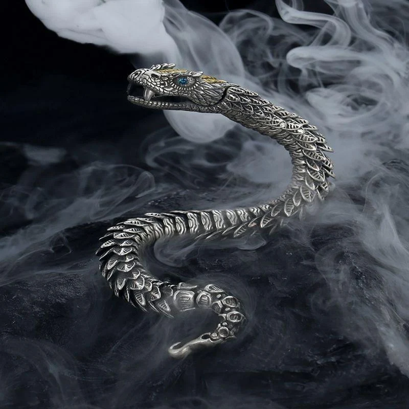 Pulseira cobra preta prateada masculina Estilo retrô Acessório estiloso para homens Joia vintage que complementa seu visual Design único e marcante