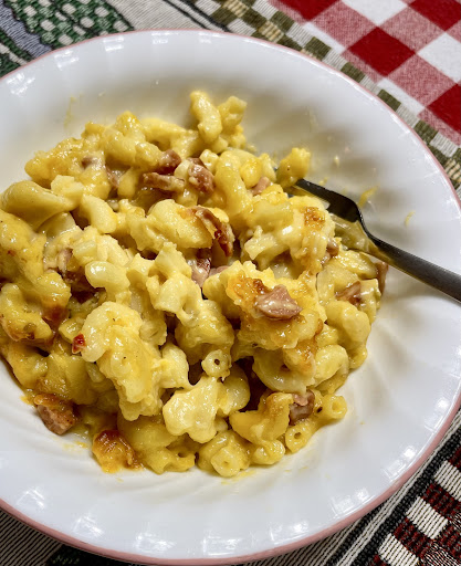 My husband had a good Mac & cheese recipe but there were a few ingredients we didn’t have. So I substituted & then added the meat. 