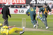 BRAIN MELT: Proteas batsmen Lance Klusener, right, and Allan Donald meet at one end before the latter is run out in the World Cup semifinal against Australia at Edgbaston on June 17 1999 with the scores tied.