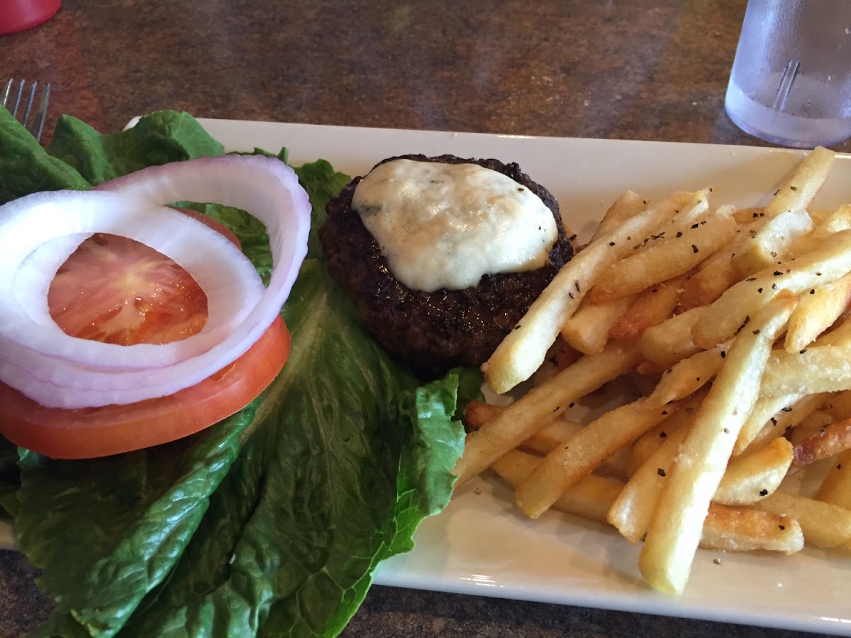 Blue cheese burger with baked fries