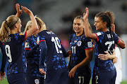 Esmee Brugts (right) of Netherlands celebrates with teammates after scoring her team's sixth goal in their Women's World Cup group E match against Vietnam at Dunedin Stadium, New Zealand on August 1 2023. 