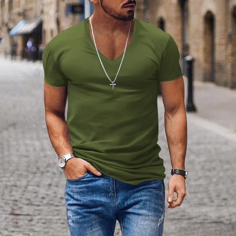 Camiseta casual de hombre, cuello en V, color sólido, corte entallado, delgada y de manga corta, perfecta para un look moderno y fresco.