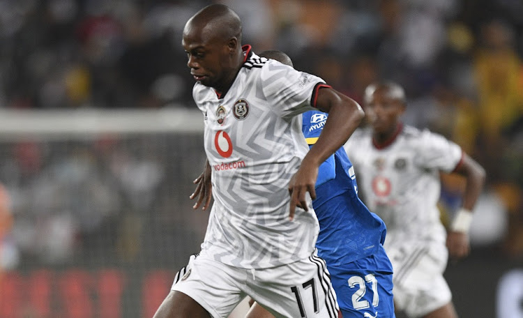 Evidence Makgopa in action for Orlando Pirates in the friendly Black Label Cup final against Mamelodi Sundowns at FNB Stadium on November 12 2022.