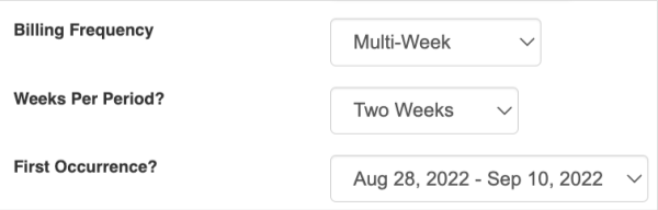 Billing Frequency, Weeks Per Period, and First Occurrence Settings 