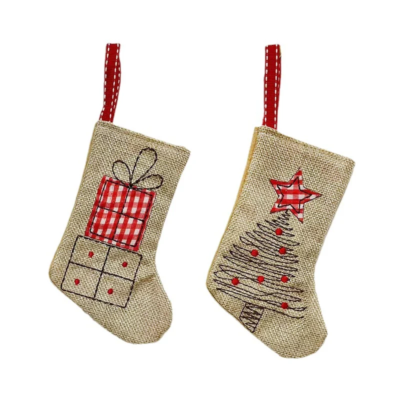Kerstdecoratie Linnen Geborduurde Sokken Hanger Decoratief voor haard en boom Elegant cadeau voor de feestdagen