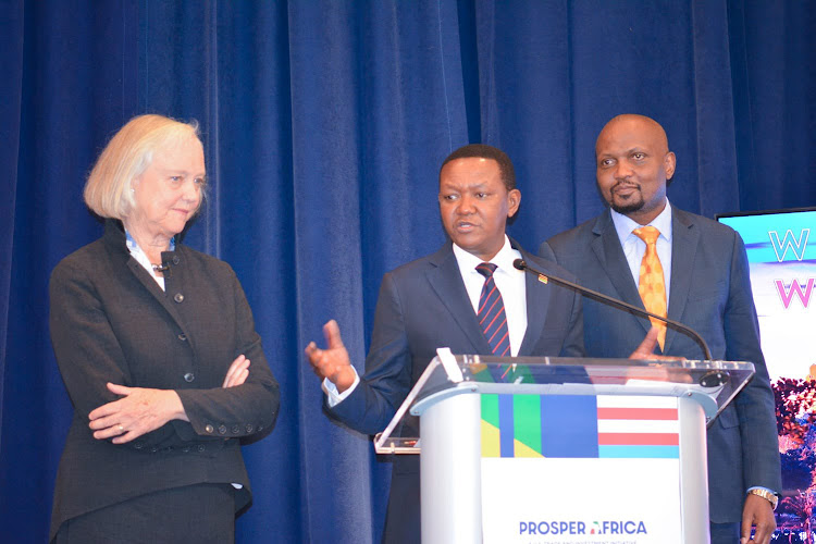 US Ambassador to Kenya Meg Whitman, Foreign Affairs CS Alfred Mutua and Trade and Investments CS Moses Kuria during the inaugural Kenya-US Business Roadshow at the Harvard Club in New York on April 26,2023.