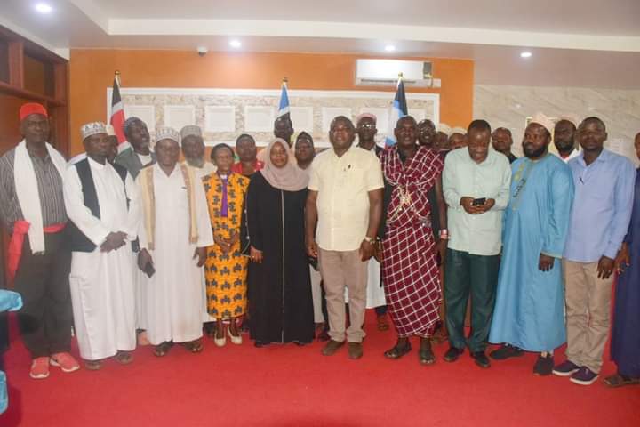 Governor Fatuma Achani and her deputy Chirema Kombo meet religious leaders at Kwale headquarters in Matuga on Tuesday, October 4, 2022.