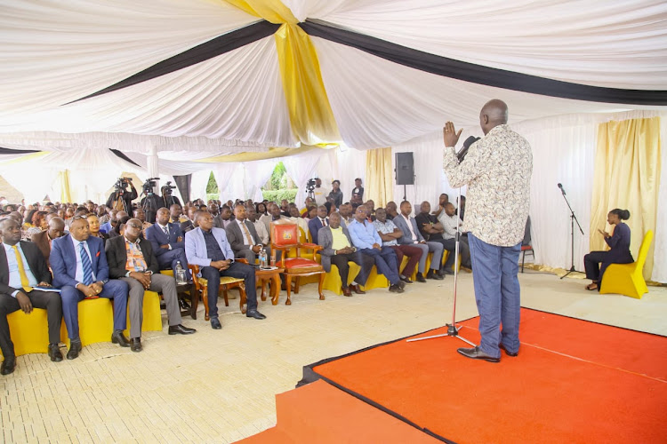 Deputy President Rigathi Gachagua addressing elected leaders from Central Kenya region at his Iruri home in Mathira, Nyeri County on April 21, 2023.