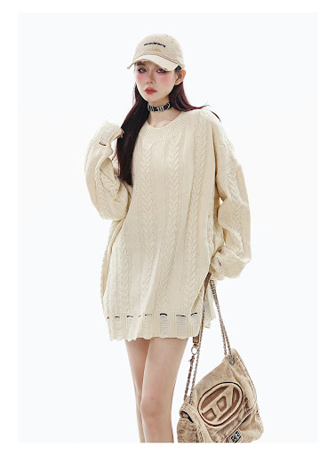 Title 6, Twist Weave Retro Tattered Jeans Round Neck Kni...