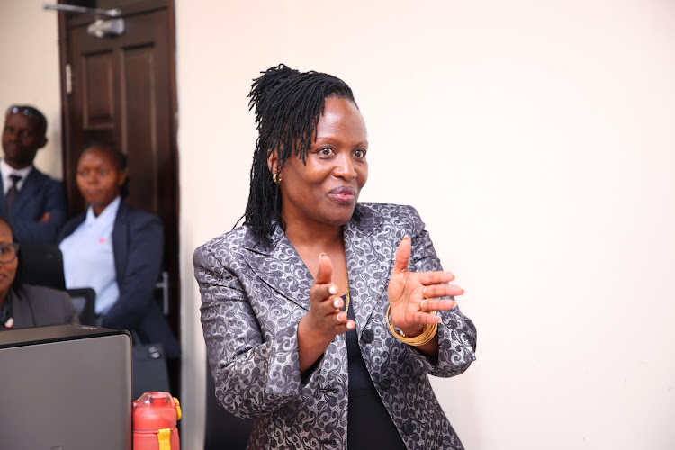 Chief Registrar Frida Mokaya addressing judicial officers when she visited Milimani Anti-Corruption Court on April 9, 2024.