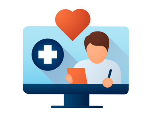 Computer screen, healthy symbol, heart and a patient representing patient care