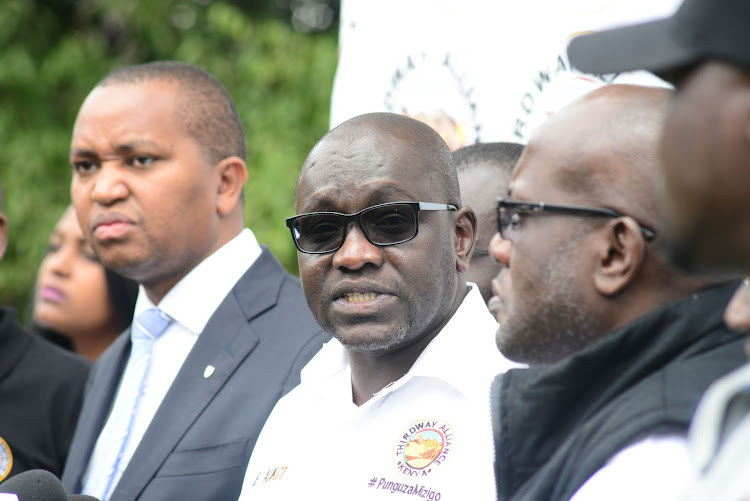 Thirdway Alliance party leader Ekuru Aukot addressing the press at the party headquarters in Nairobi on July 19,2019.