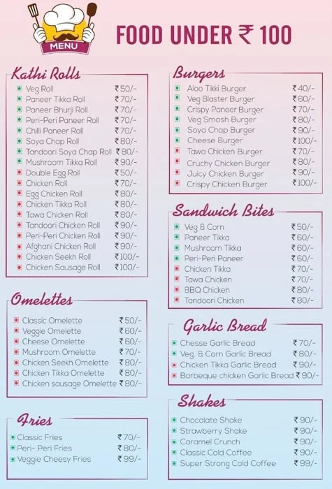 Food Under 100 menu 