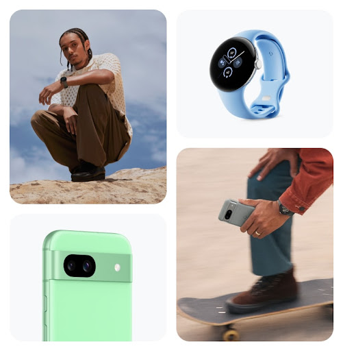 A collage of a person squatting while wearing Pixel Watch 2, a person skateboarding while wearing Pixel Watch 2 and holding Pixel 8, a close-up of Pixel 8a in Aloe colour and a close-up of Google Pixel Watch 2 in Bay colour.