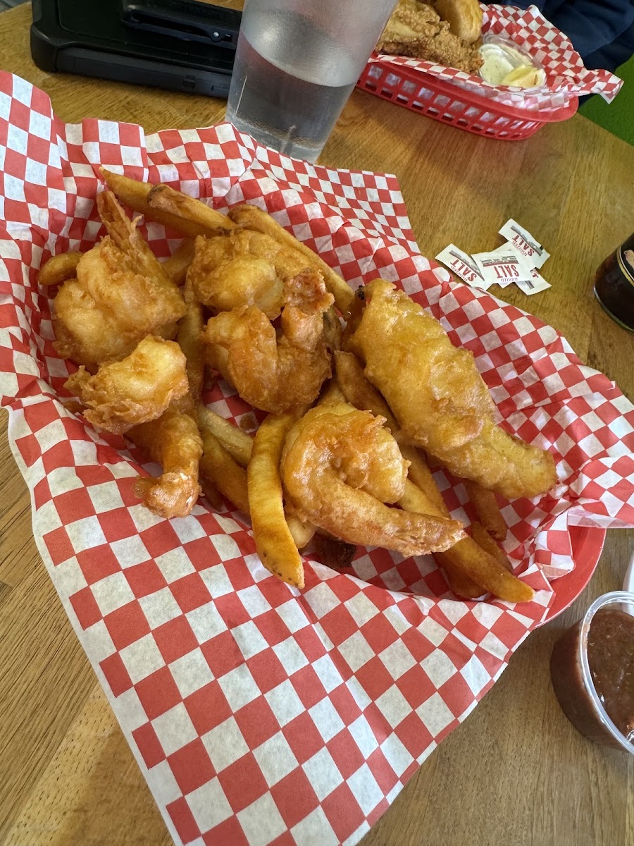 Excellent fried shrimp with one piece of cod and fries.