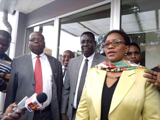 Health Minister Sicily Kariuki addresses journalists outside Afya House Annex at Kenyatta National Hospital in Nairobi, March 8, 2018. /RHODA ODHIAMBO