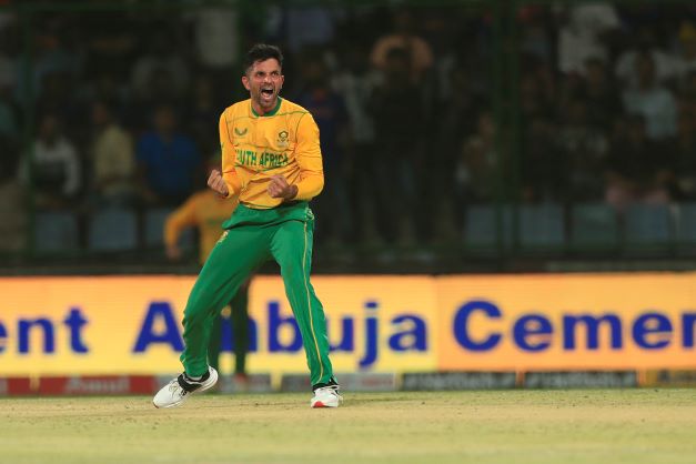 Keshav Maharaj celebrates the wicket of Ishan Kishan during the Proteas' first T20 International match against India at Arun Jaitley Stadium on June 9.