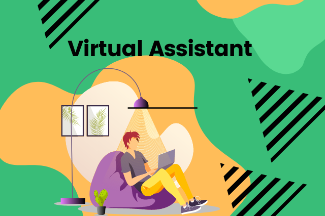 A graphic image of a virtual assistant working on their laptop by a window.