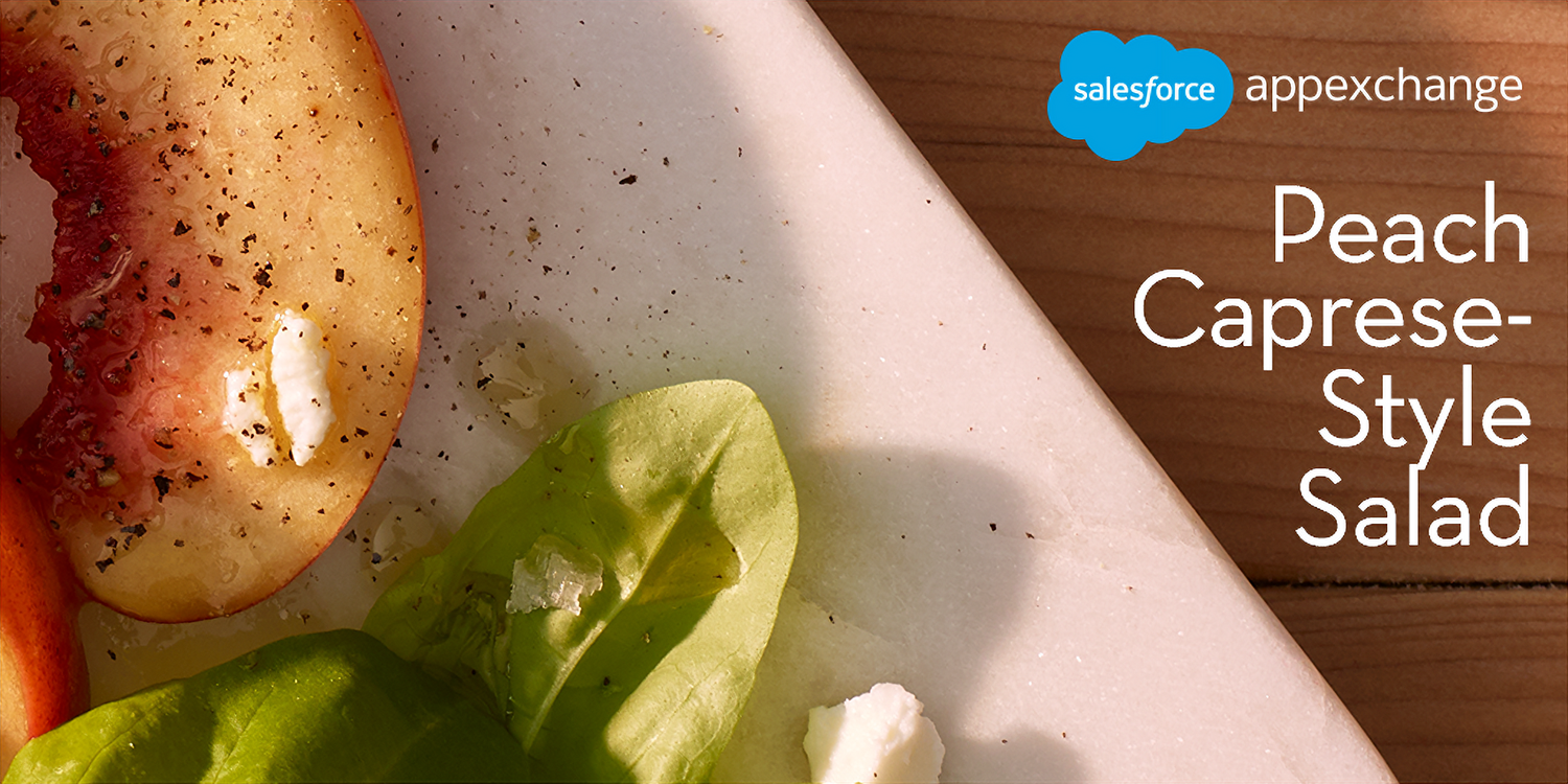 A photo of Trailblazer recipe Peach Caprese-Style Salad on a plate.