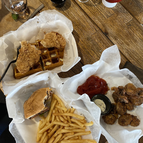 Fried mushrooms, chicken & waffles, cheese burger & fries…YUM!!!