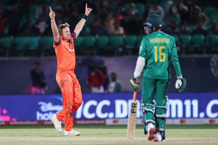 The Netherlands' Logan Van Beek celebrates the wicket of Keshav Maharaj that ended Tuesday's match and confirmed the Netherlands' 38-run ICC Cricket World Cup. Picture: PANKAJ NANGLA/GALLO IMAGES