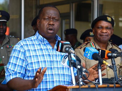 A file photo of acting Interior minister Fred Matiang'i during a press conference at Uhuru na Kazi buildings in Mombasa after a meeting with county security bosses. /JOHN CHESOLI