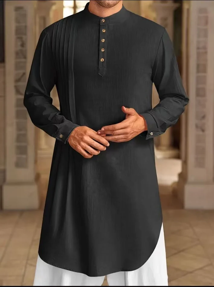 Heren Button Cotton Linen Shirt Robe - comfortabele badjas uit een katoen-linnen mix, perfect voor een relaxte dag of warme zomerdagen.