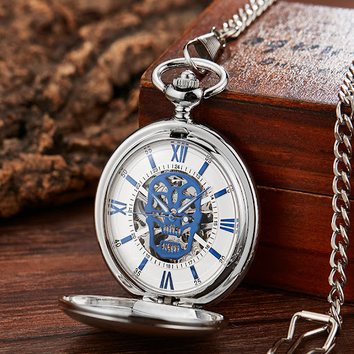 Title 5, Skull Pocket Watch Hollow Flip Retro Mechanical...