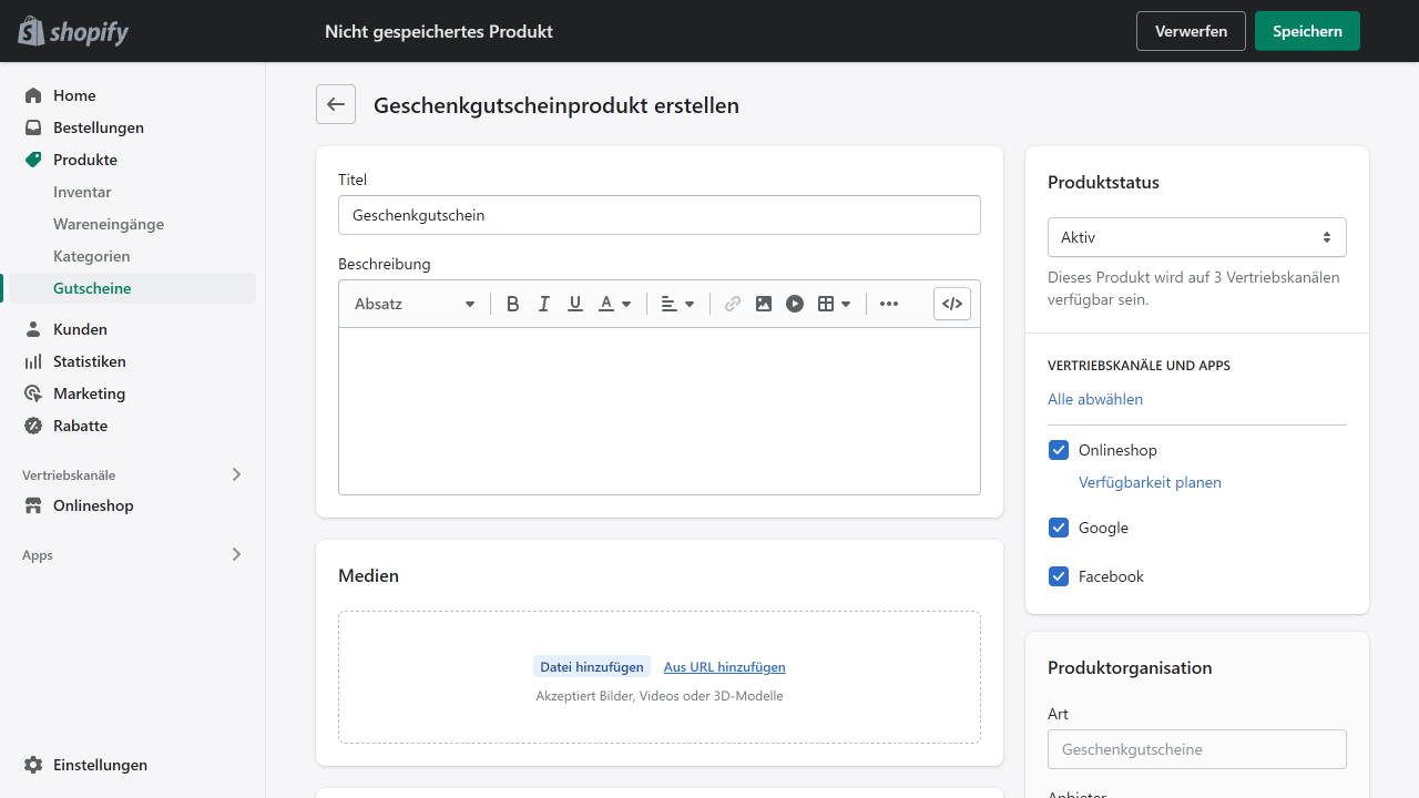 Shopify Geschenkgutscheine hinzufügen