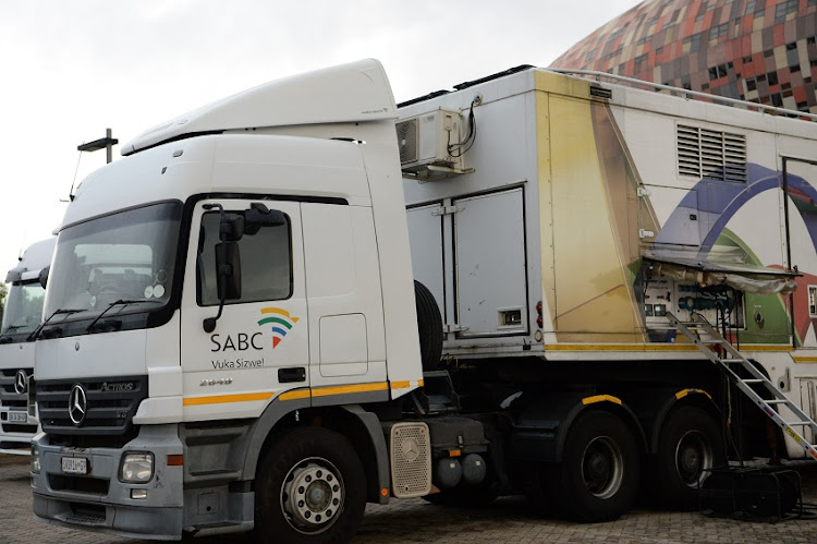 SABC TV trucks outside FNB Stadium on March 24, 2021 in Johannesburg.