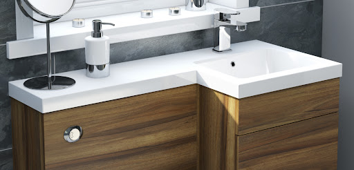 oak unit with white sink