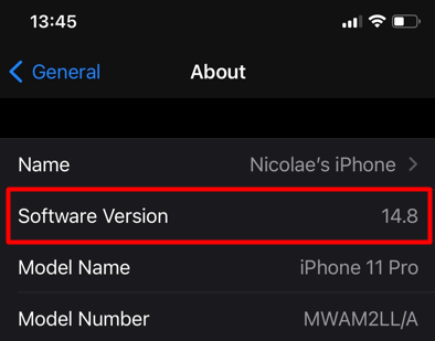 Screenshot of iPhone About tab showing software version