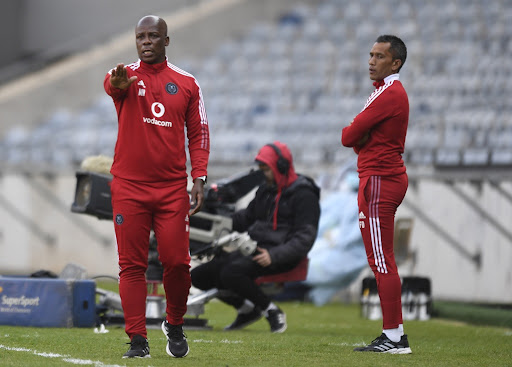 Orlando Pirates co-caretaker coaches Mandla Ncikazi and Fadlu Davids during the DStv Premiership match against Stellenbosch FC at Orlando Stadium on August 21 2021.