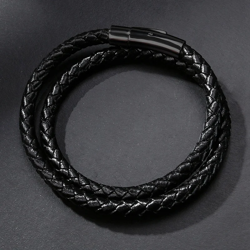 Bracelet simple polyvalent à double anneau en cuir tressé et acier inoxydable, ornement tendance transfrontalier