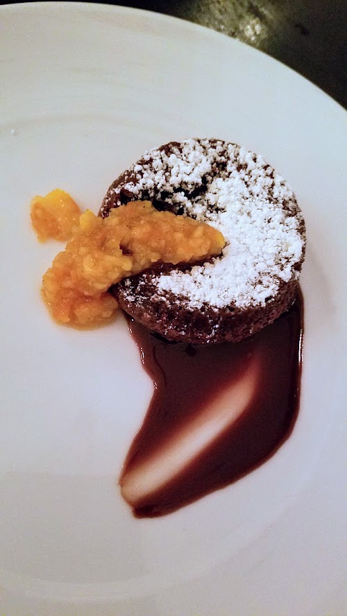 Verdigris Dessert of Fallen Chocolate Souffle Cake with Cardamon-Cara Cara Orange Compote