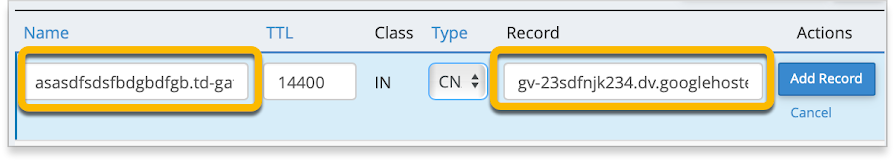 Um registro CNAME é adicionado à seção "Add a Record".