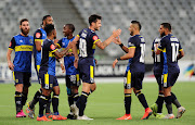 Cape Town City players celebrate a goal scored by Roland Putsche of Cape Town City during the Absa Premiership 2019/20 game between Cape Town City and AmaZulu at Cape Town Stadium, Cape Town on 8 January 2020.