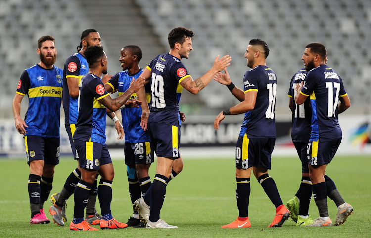 Cape Town City players celebrate a goal scored by Roland Putsche of Cape Town City during the Absa Premiership 2019/20 game between Cape Town City and AmaZulu at Cape Town Stadium, Cape Town on 8 January 2020.